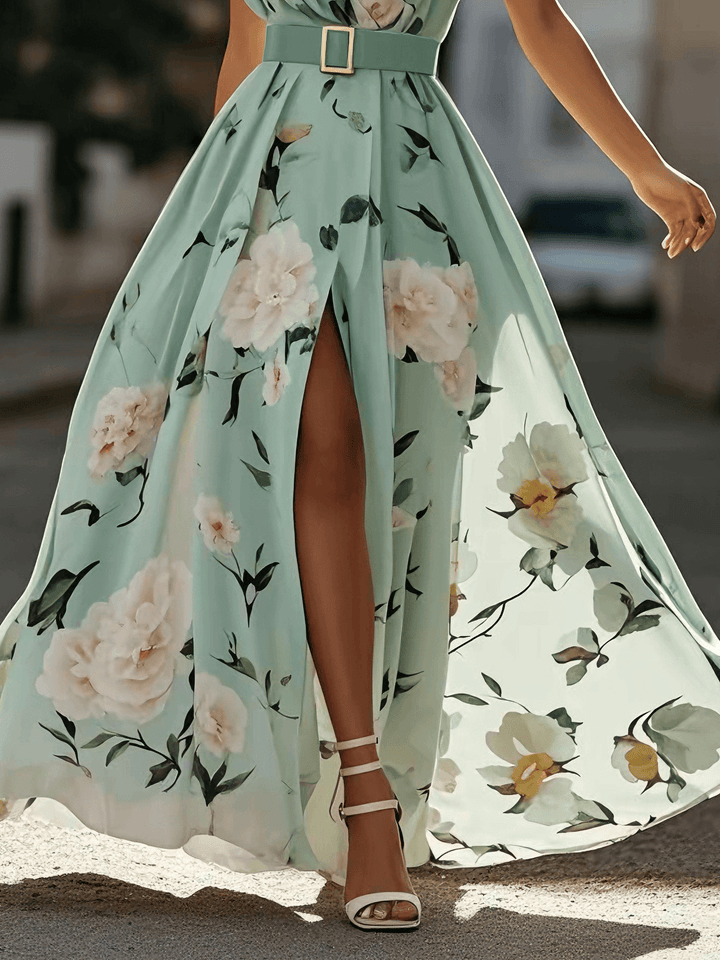 Erica - Hellgrünes Maxikleid mit Blumenmuster