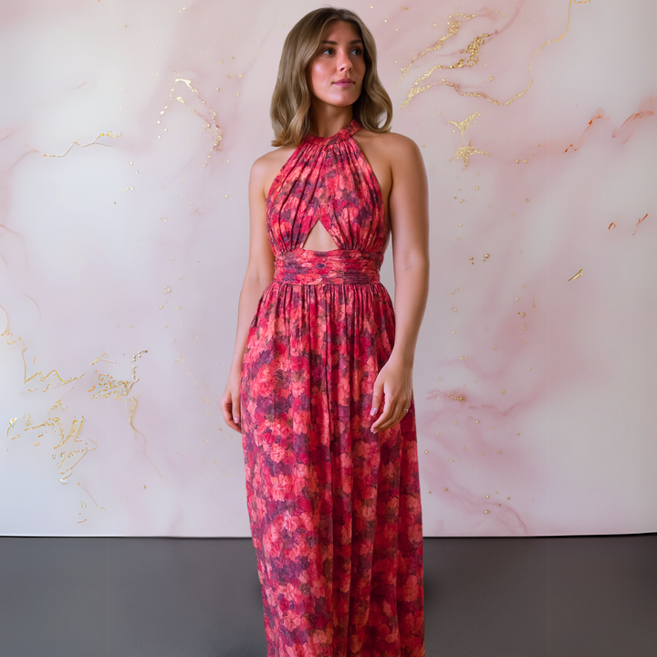Vania – Elegantes florales Maxikleid mit offenem Rücken