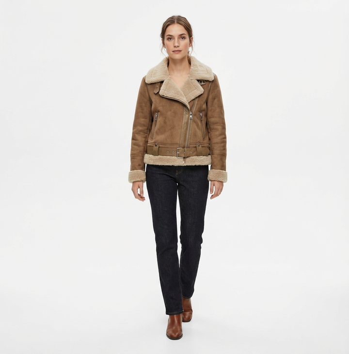 Aurelia – Fliegerjacke aus Veloursleder mit Lammfellbesatz