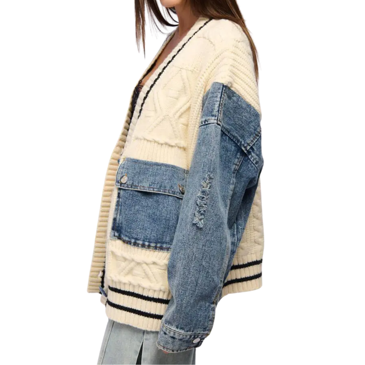 Eloise – Entspannter Denim-Patchwork-Strickcardigan