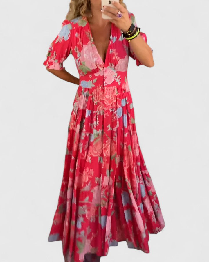 Cherry – Elegantes florales V-Ausschnitt-Kleid