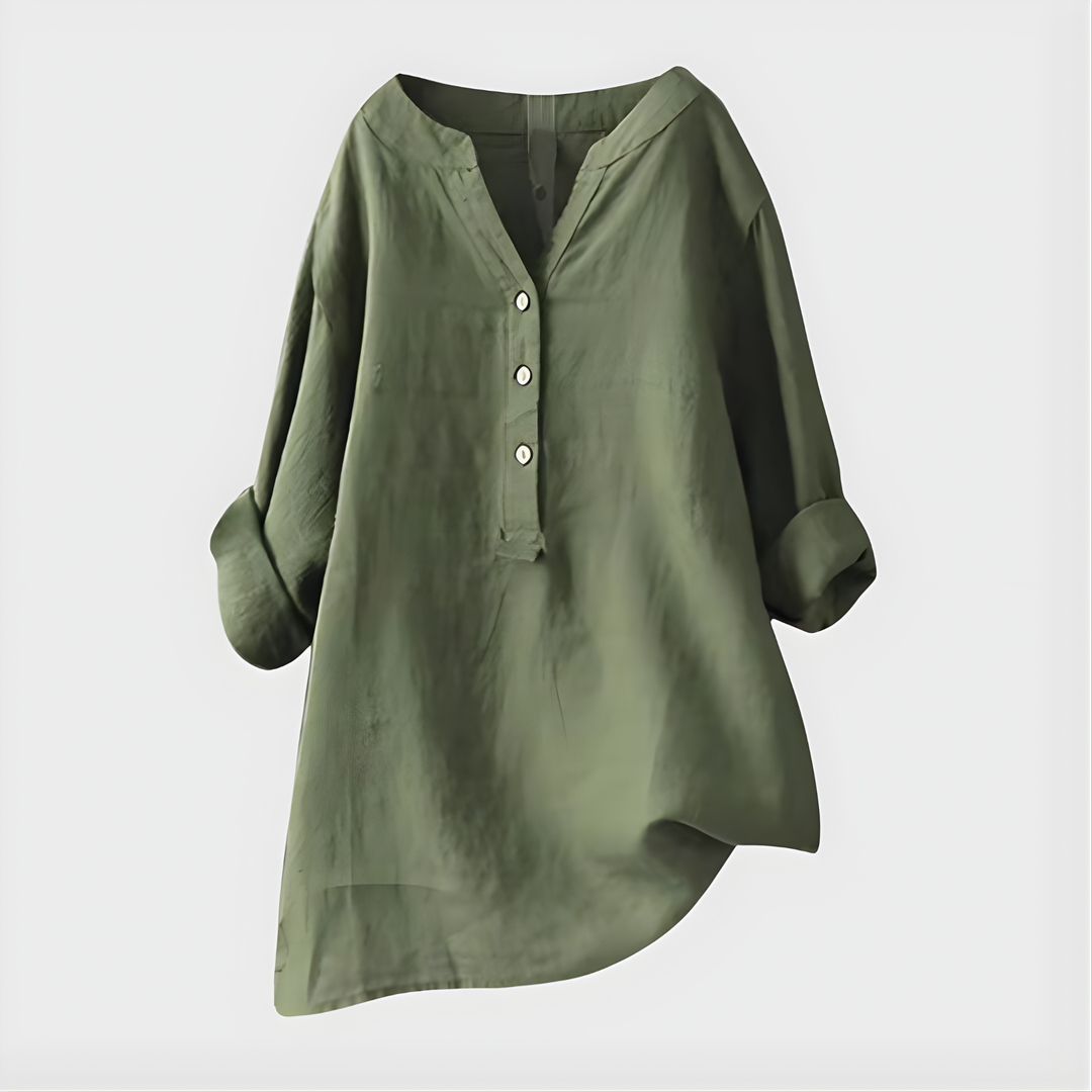 Nikki – Elegante V-Ausschnitt-Bluse aus Baumwoll-Leinen-Mix