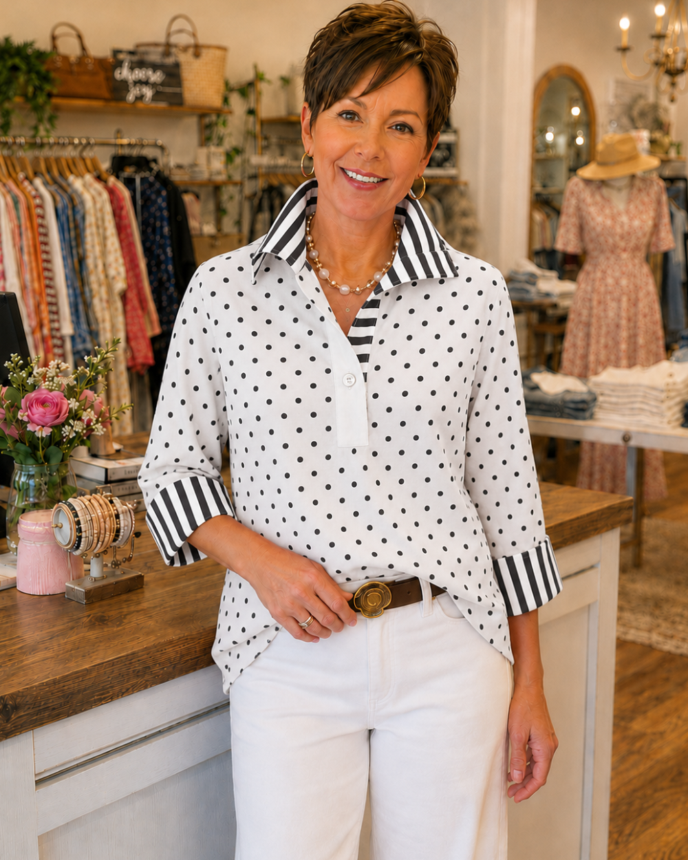 Elmira - Bluse mit Punkten und Kontraststreifen