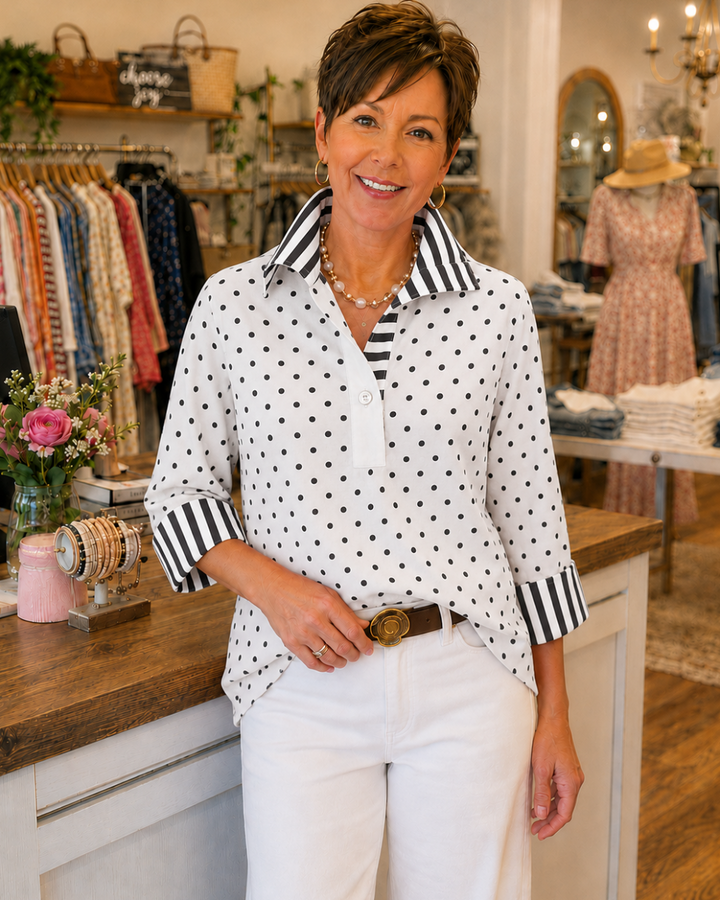 Elmira - Bluse mit Punkten und Kontraststreifen