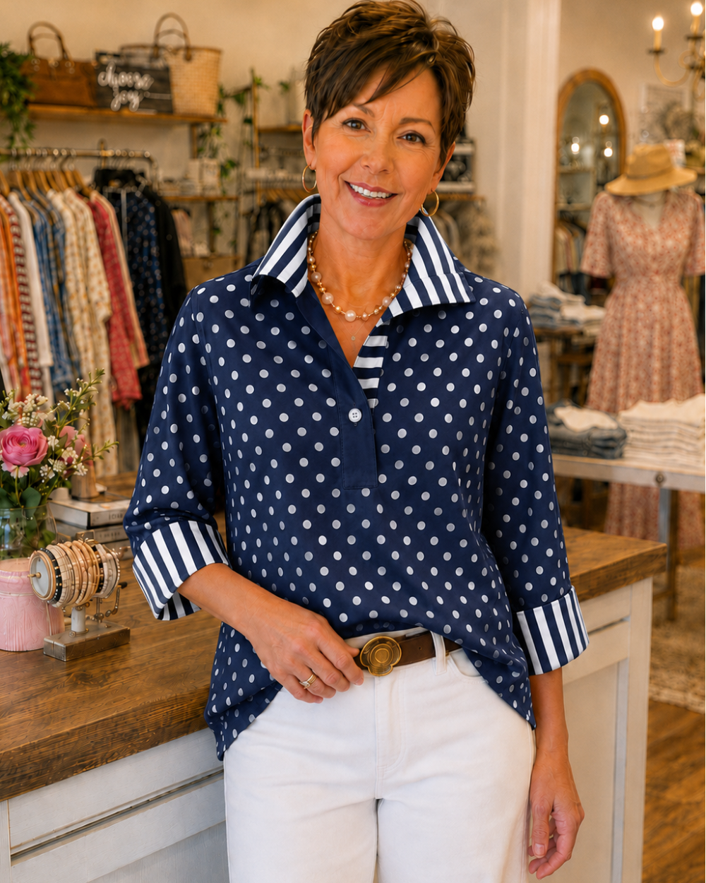 Elmira - Bluse mit Punkten und Kontraststreifen