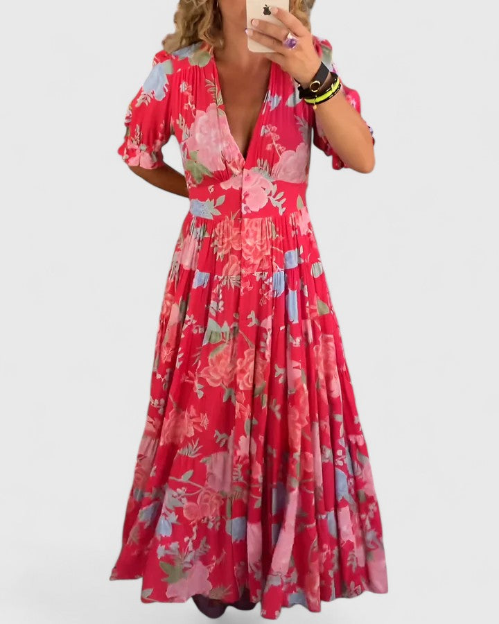 Cherry – Elegantes florales V-Ausschnitt-Kleid