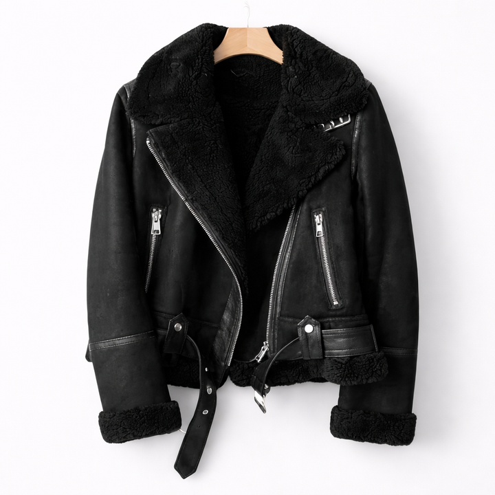 Aurelia – Fliegerjacke aus Veloursleder mit Lammfellbesatz