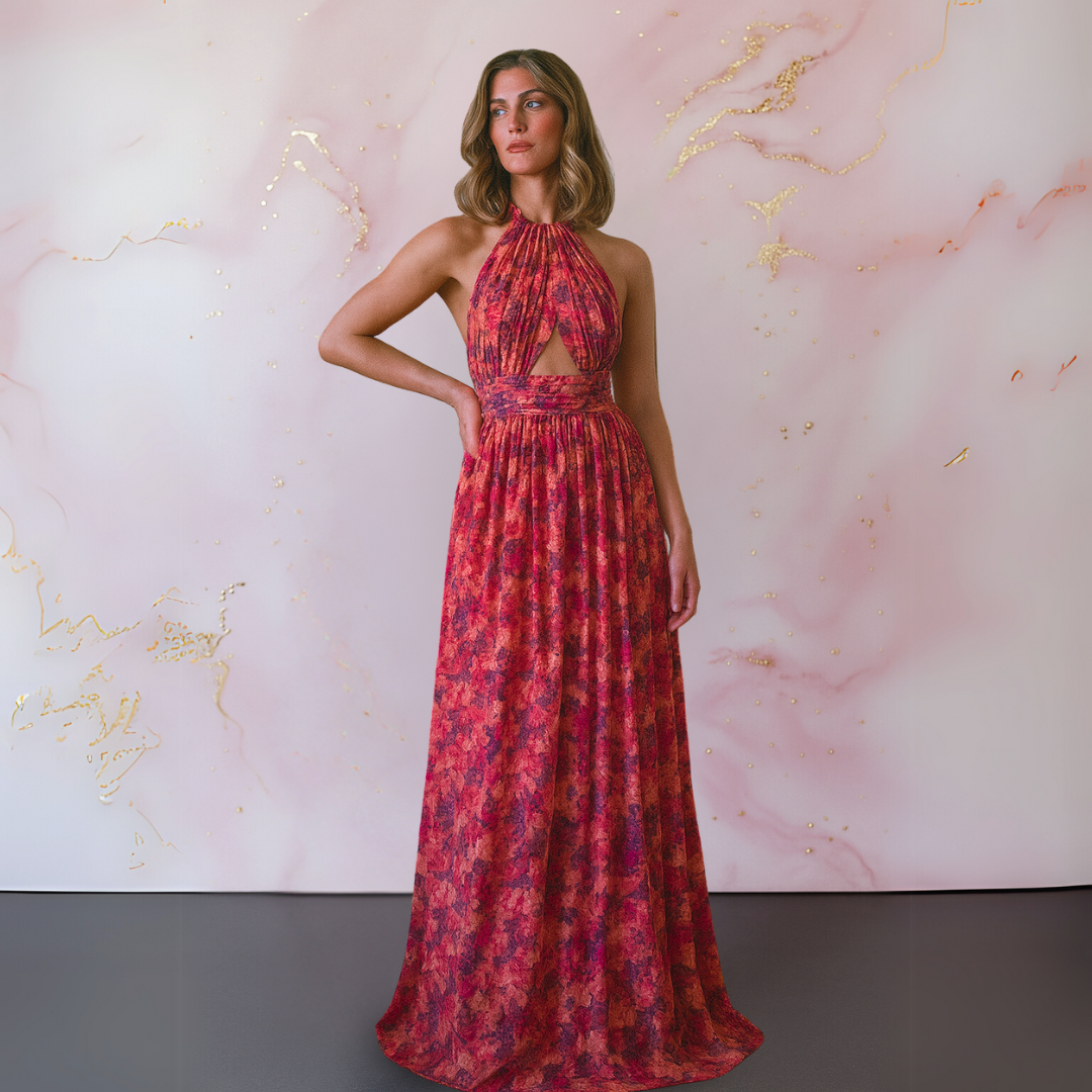 Vania – Elegantes florales Maxikleid mit offenem Rücken