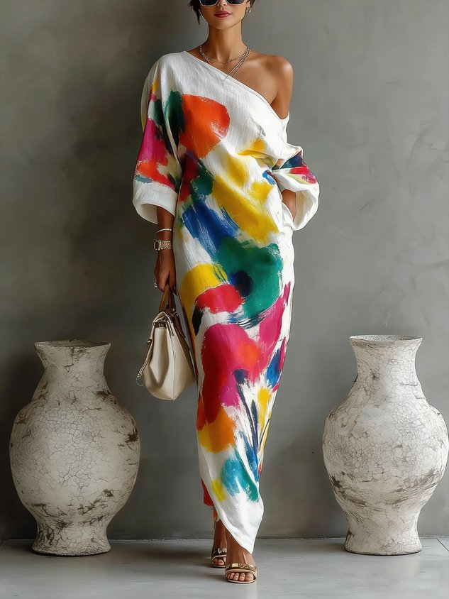 Jinella – Maxikleid mit abstraktem Druck und One-Shoulder-Schnitt