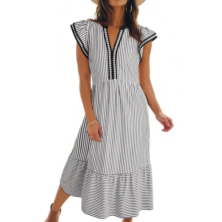 Ruby – Luftiges, gestreiftes Midikleid mit Rüschen