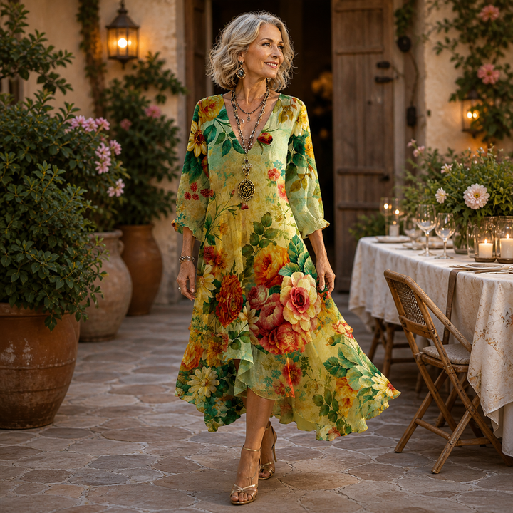 Khiana – Midikleid mit Blumenmuster und V-Ausschnitt