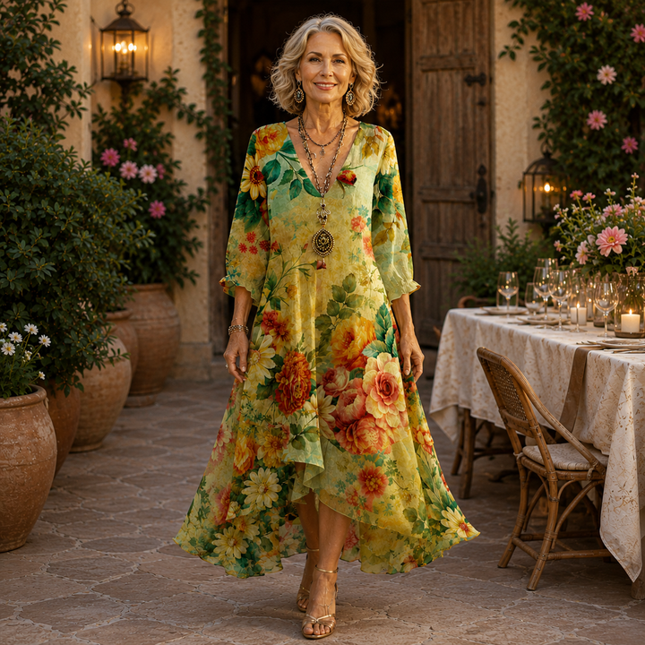 Khiana – Midikleid mit Blumenmuster und V-Ausschnitt