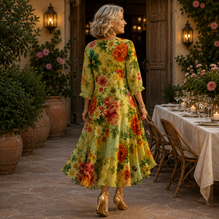 Khiana – Midikleid mit Blumenmuster und V-Ausschnitt