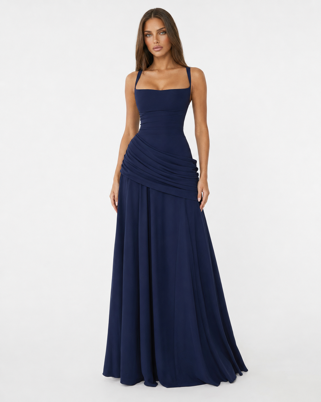 Seri – Maxi-Kleid mit gerafftem eckigem Ausschnitt