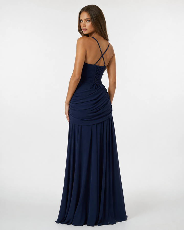 Seri – Maxi-Kleid mit gerafftem eckigem Ausschnitt