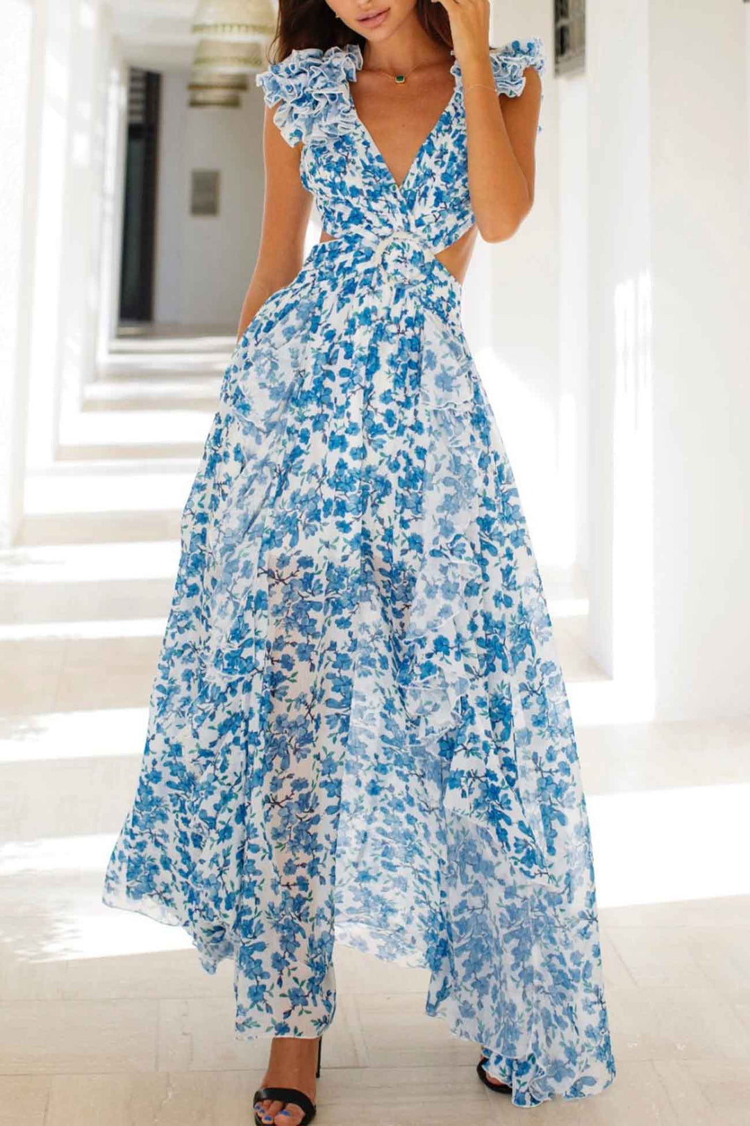 Cherry – Maxi-Kleid mit Rüschenärmeln und Cut-outs