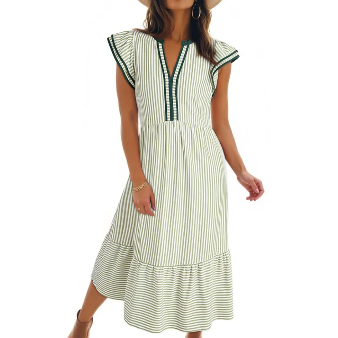 Ruby – Luftiges, gestreiftes Midikleid mit Rüschen