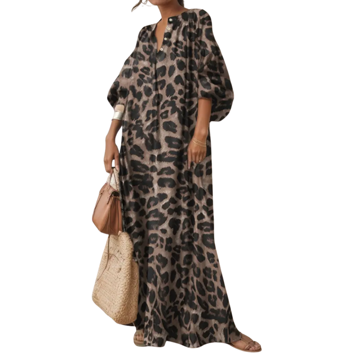 Maisie – Boho-Maxikleid mit Puffärmeln und Leopardenmuster