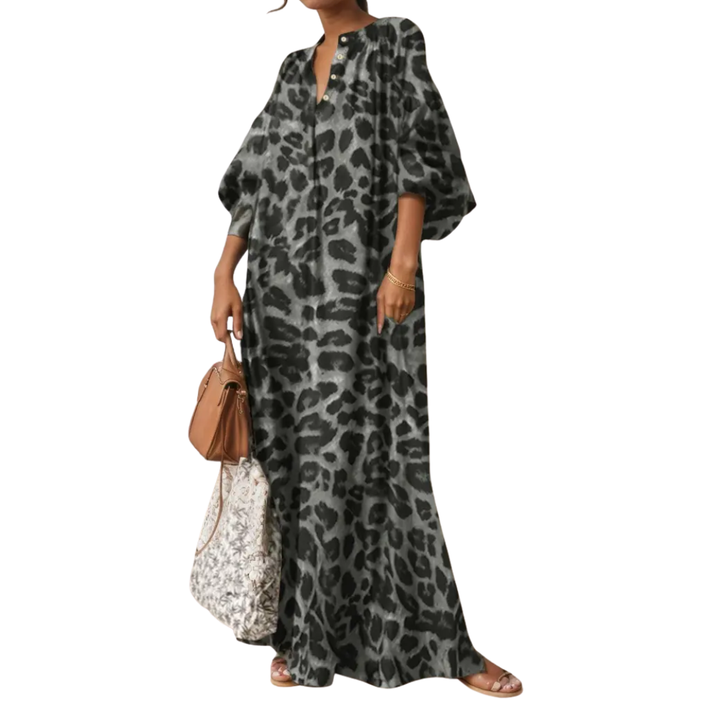 Maisie – Boho-Maxikleid mit Puffärmeln und Leopardenmuster