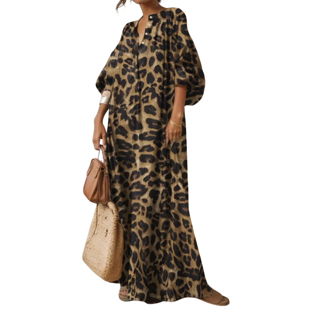 Maisie – Boho-Maxikleid mit Puffärmeln und Leopardenmuster