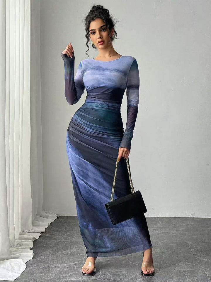 Tyronia – Bedrucktes, langärmliges Bodycon-Maxikleid