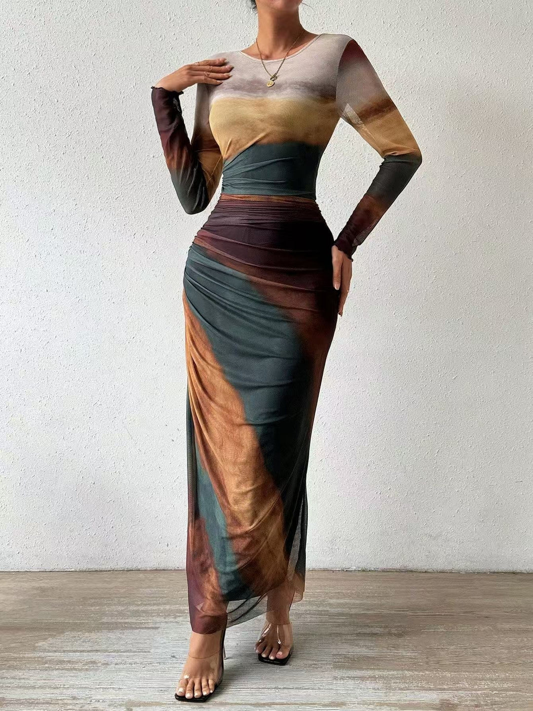 Tyronia – Bedrucktes, langärmliges Bodycon-Maxikleid