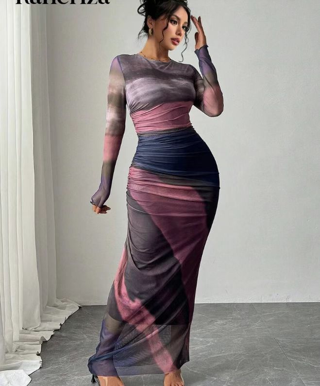 Tyronia – Bedrucktes, langärmliges Bodycon-Maxikleid