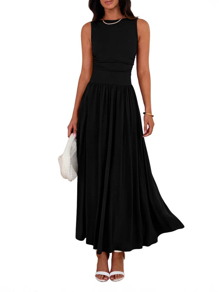 Emilia – Ärmelloses, gerafftes Maxikleid mit hoher Taille