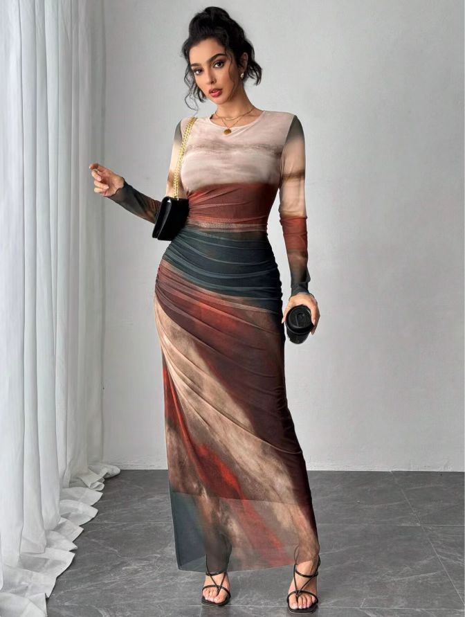 Tyronia – Bedrucktes, langärmliges Bodycon-Maxikleid