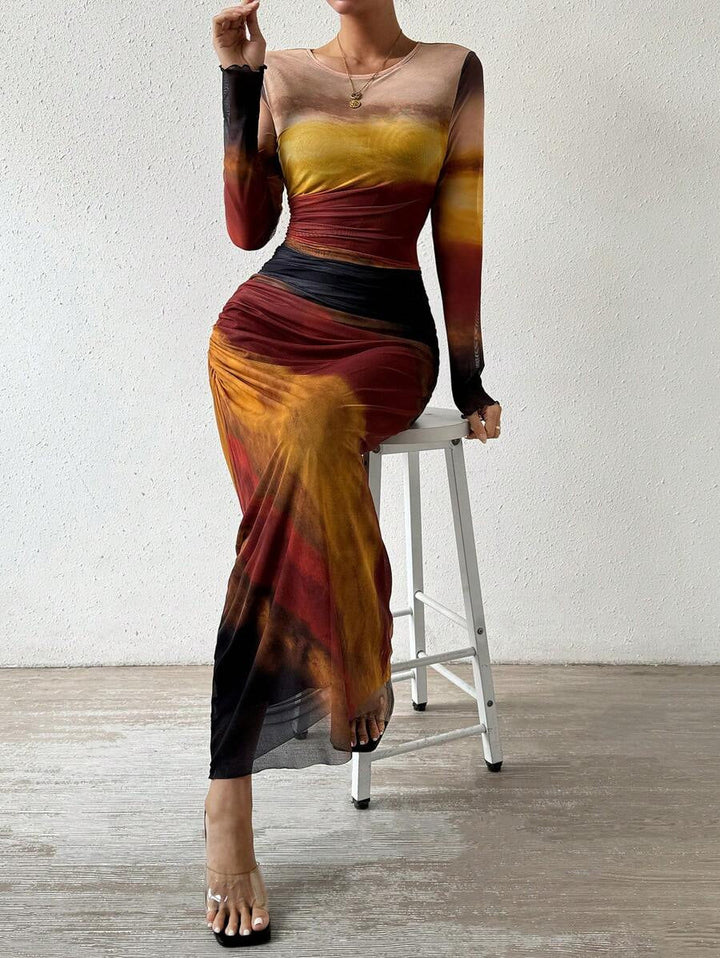Tyronia – Bedrucktes, langärmliges Bodycon-Maxikleid