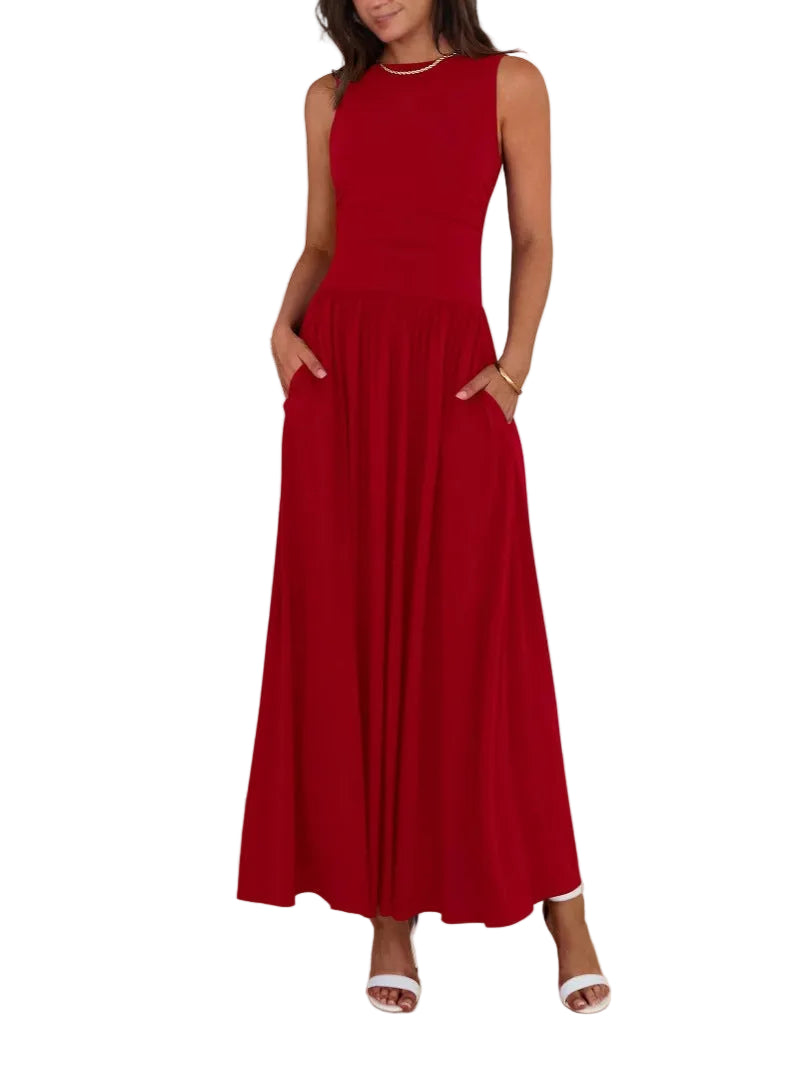 Emilia – Ärmelloses, gerafftes Maxikleid mit hoher Taille
