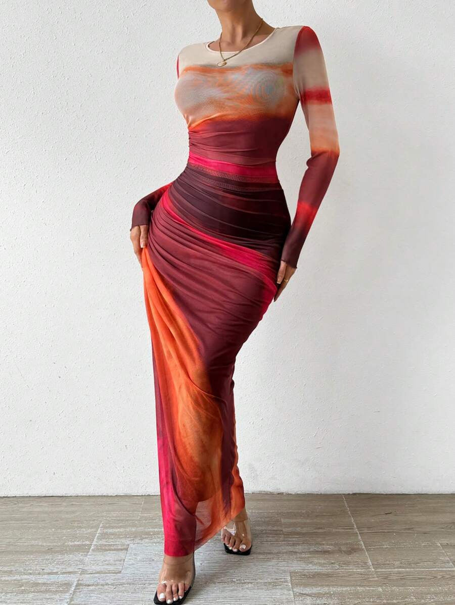 Tyronia – Bedrucktes, langärmliges Bodycon-Maxikleid