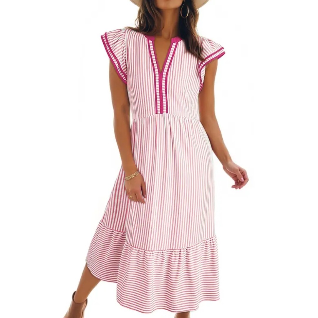 Ruby – Luftiges, gestreiftes Midikleid mit Rüschen