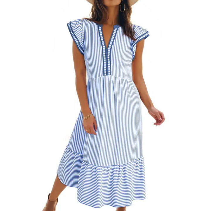 Ruby – Luftiges, gestreiftes Midikleid mit Rüschen