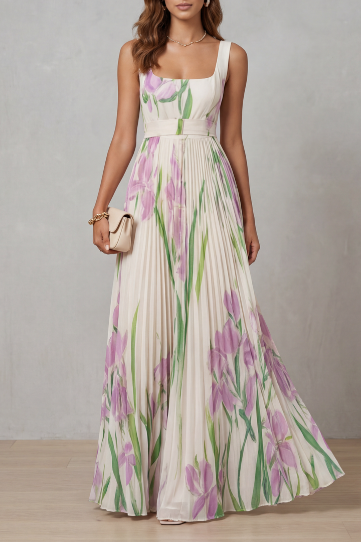 Coleen – Plissiertes Maxikleid mit Blumenmuster in Aquarelloptik