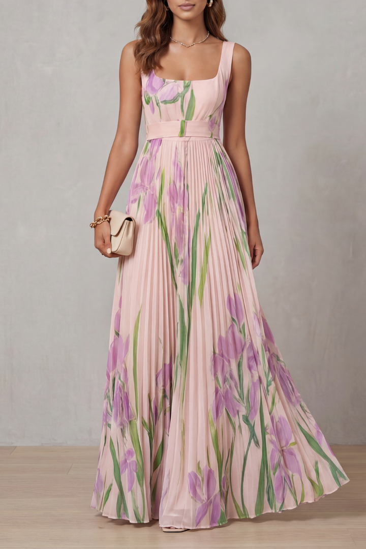 Coleen – Plissiertes Maxikleid mit Blumenmuster in Aquarelloptik