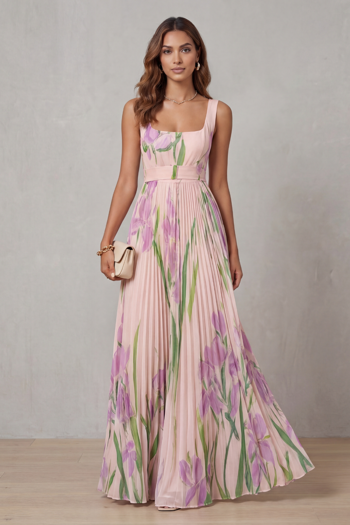 Coleen – Plissiertes Maxikleid mit Blumenmuster in Aquarelloptik
