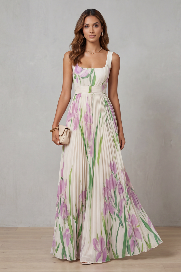 Coleen – Plissiertes Maxikleid mit Blumenmuster in Aquarelloptik