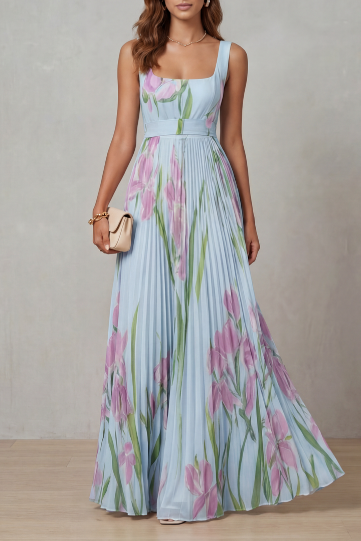 Coleen – Plissiertes Maxikleid mit Blumenmuster in Aquarelloptik