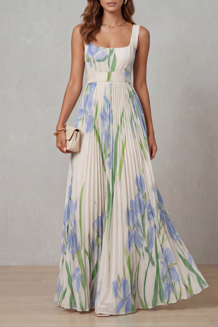 Coleen – Plissiertes Maxikleid mit Blumenmuster in Aquarelloptik
