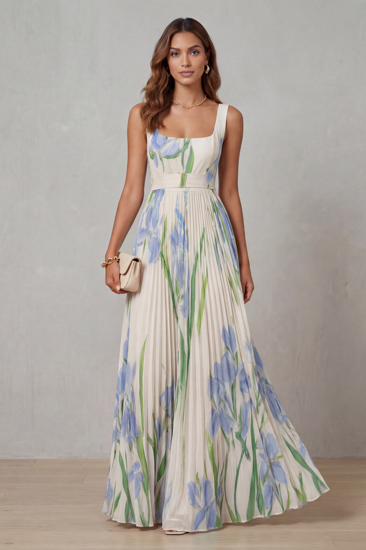 Coleen – Plissiertes Maxikleid mit Blumenmuster in Aquarelloptik