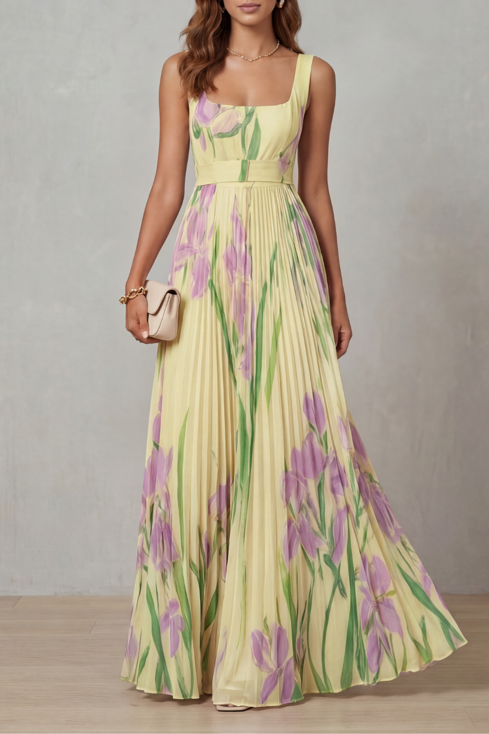 Coleen – Plissiertes Maxikleid mit Blumenmuster in Aquarelloptik