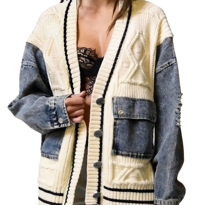 Eloise – Entspannter Denim-Patchwork-Strickcardigan