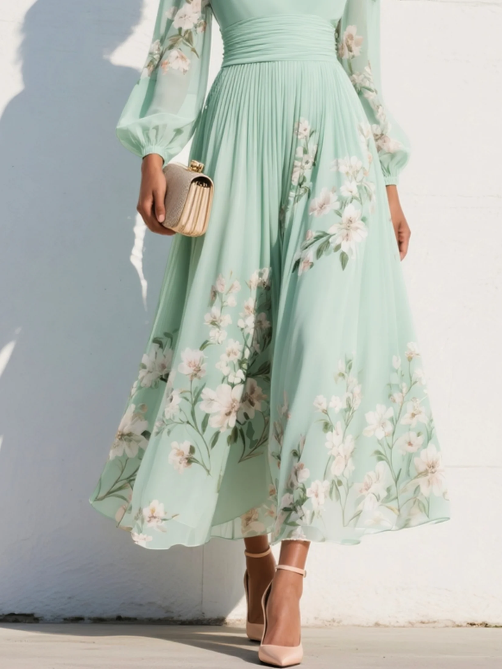 Merryl – Mintgrünes Midi-Kleid aus Chiffon mit V-Ausschnitt