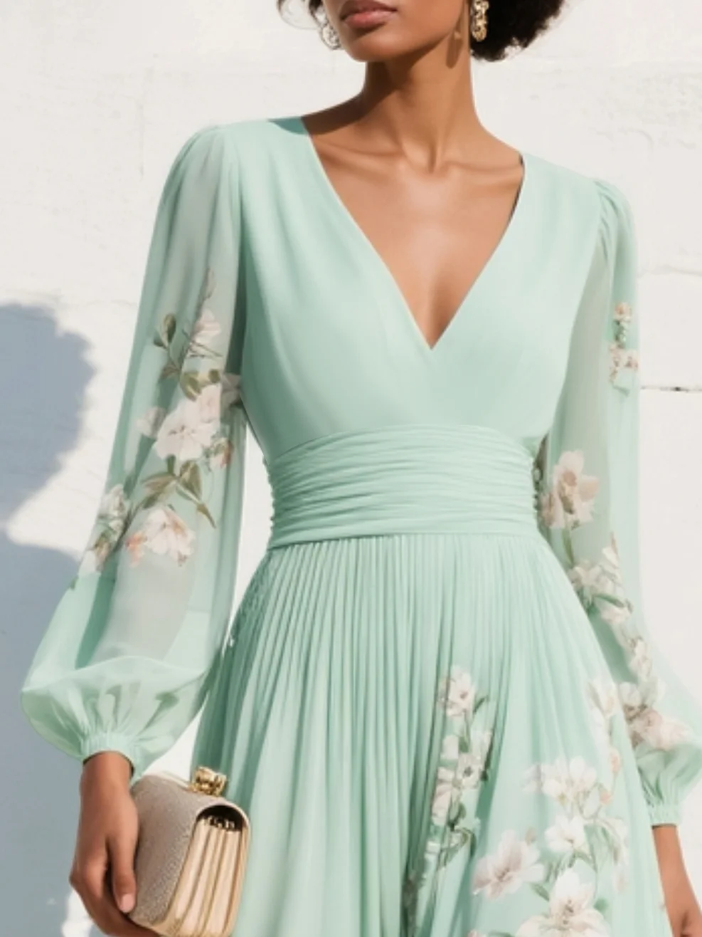 Merryl – Mintgrünes Midi-Kleid aus Chiffon mit V-Ausschnitt