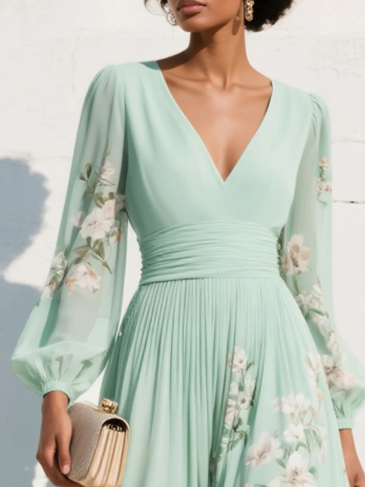 Merryl – Mintgrünes Midi-Kleid aus Chiffon mit V-Ausschnitt