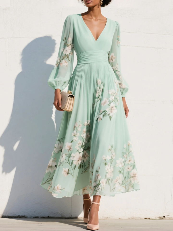 Merryl – Mintgrünes Midi-Kleid aus Chiffon mit V-Ausschnitt
