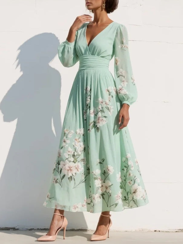 Merryl – Mintgrünes Midi-Kleid aus Chiffon mit V-Ausschnitt
