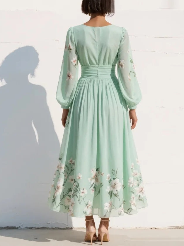 Merryl – Mintgrünes Midi-Kleid aus Chiffon mit V-Ausschnitt