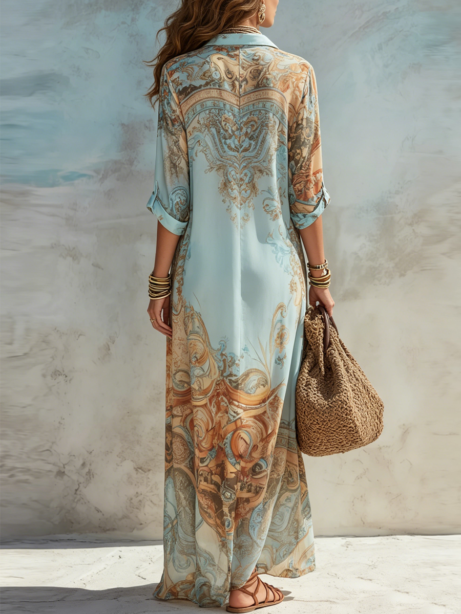Ophelia - Gestreiftes Hemdblusen-Maxikleid im mediterranen Stil